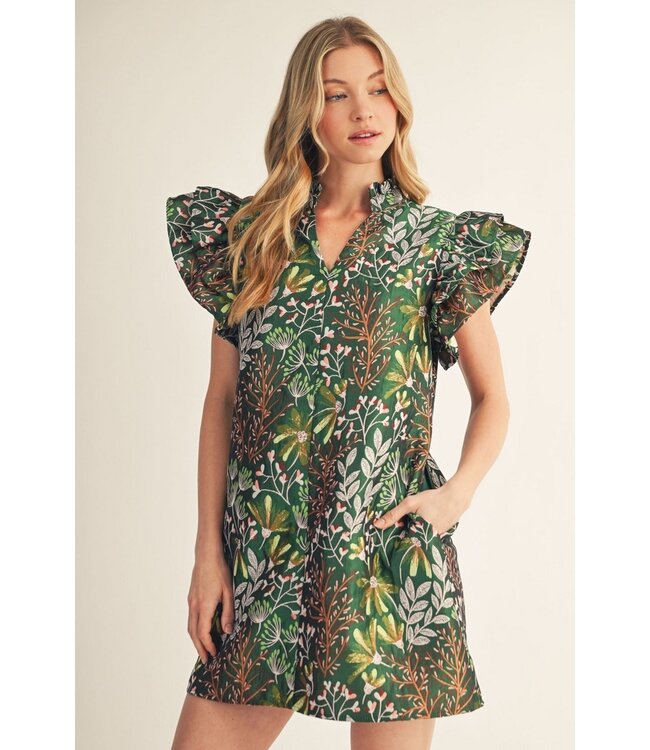 Leigh Green Floral Leaf Jacquard Dress