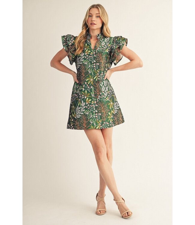 Leigh Green Floral Leaf Jacquard Dress