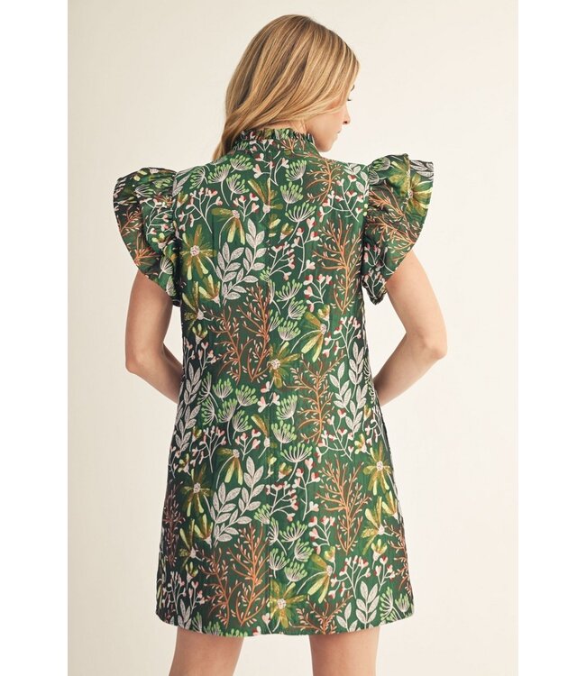Leigh Green Floral Leaf Jacquard Dress