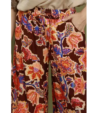 Gin Brown Boho Floral Wide Leg Pants