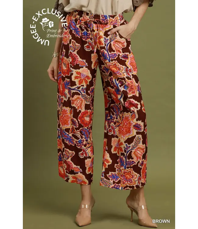 Gin Brown Boho Floral Wide Leg Pants