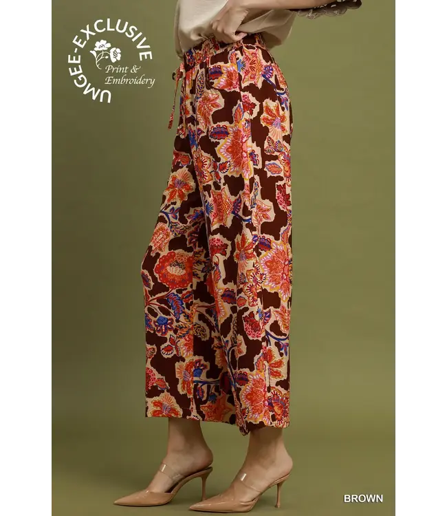 Gin Brown Boho Floral Wide Leg Pants