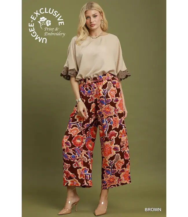 Gin Brown Boho Floral Wide Leg Pants