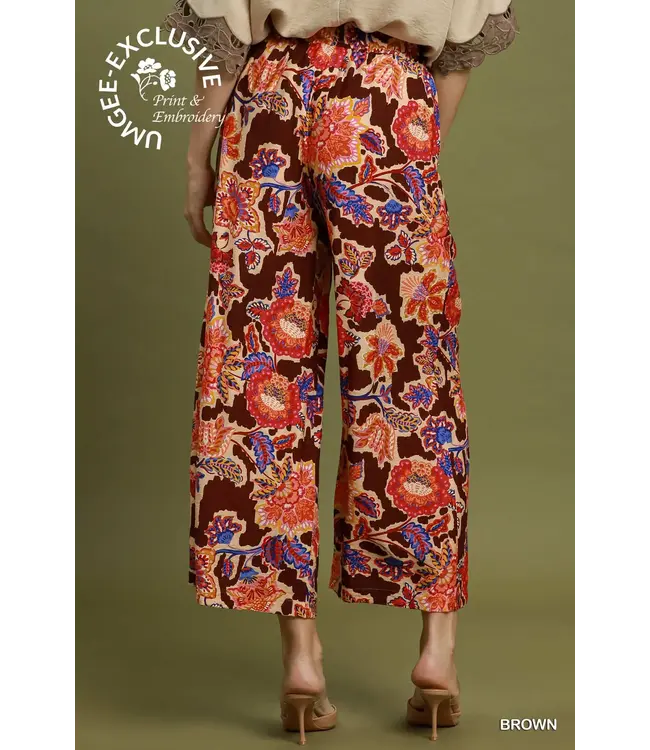 Gin Brown Boho Floral Wide Leg Pants