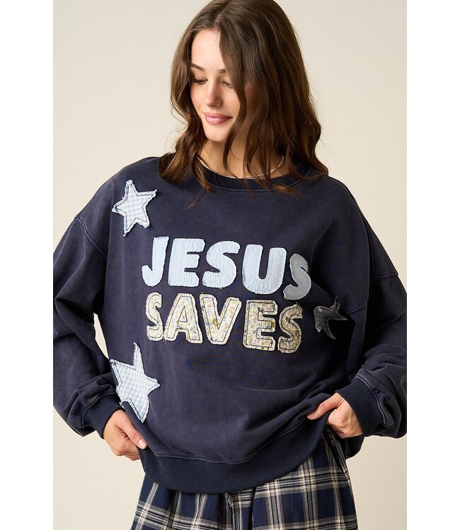 Cady Navy Jesus Saves Patchwork Sweatshirt