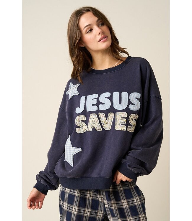 Cady Navy Jesus Saves Patchwork Sweatshirt