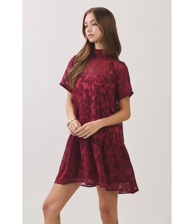 Susan Burgundy Floral Jacquard Dress