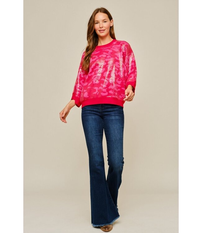Patty Red  Sequins Leopard Sweater Top