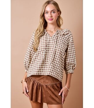 Day+Moon Corinne Brown Gingham Scalloped Top