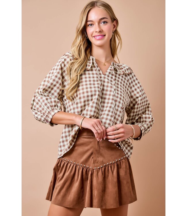 Corinne Brown Gingham Scalloped Top