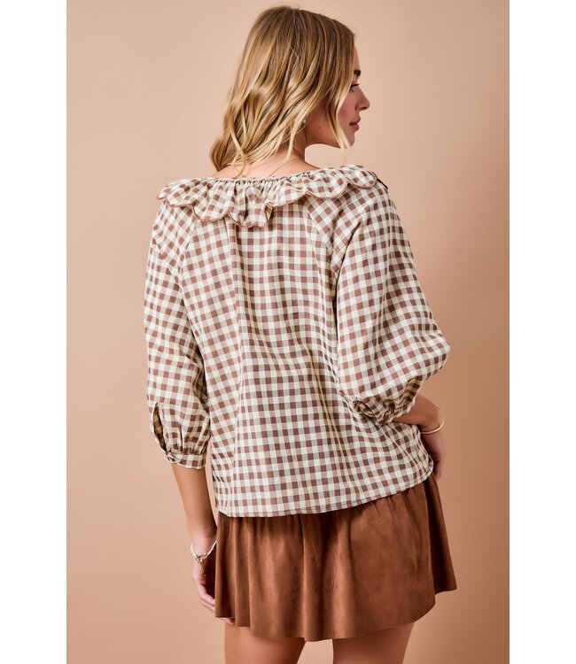 Corinne Brown Gingham Scalloped Top