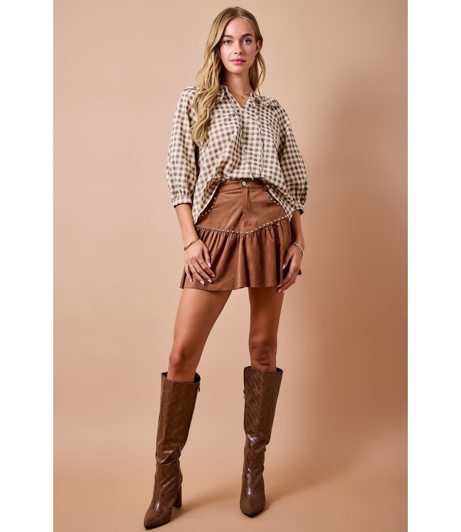 Corinne Brown Gingham Scalloped Top