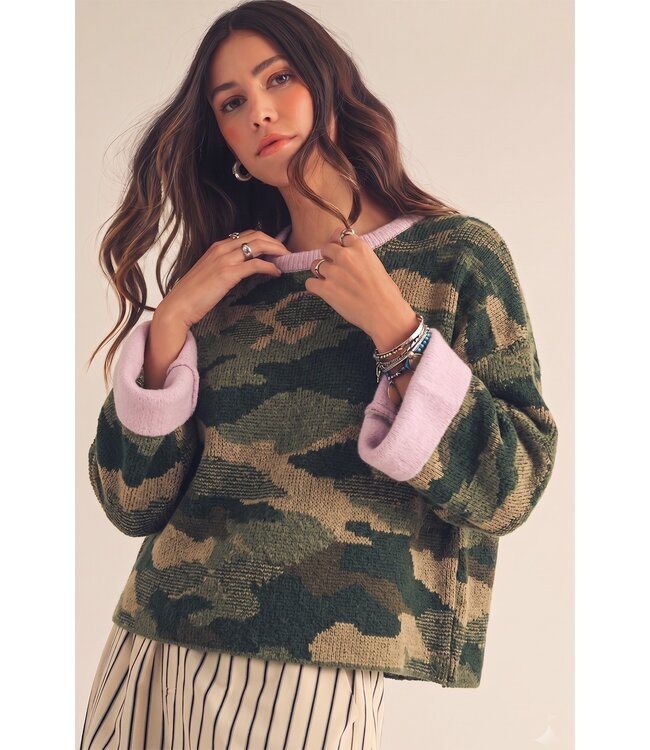 Suzy Pink Camo Contrast Cuff Sweater