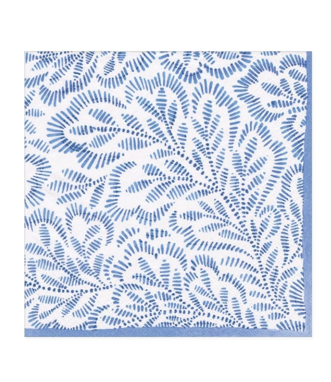 Block Print Leaves Paper Cocktail Napkins in Blue