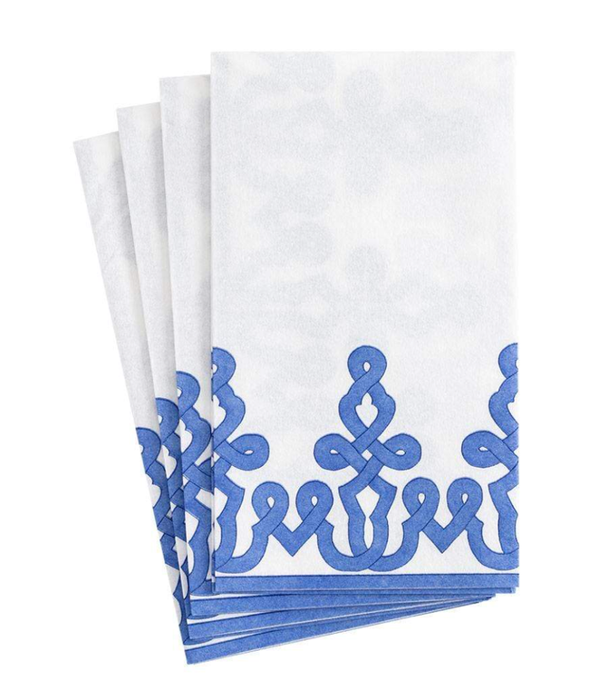 Caspari Dessin Passementerie Paper Linen Guest Towel Napkins in Riviera Blue