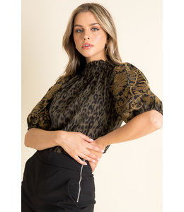 Leopard Balloon Sleeve Top w/Embroidery