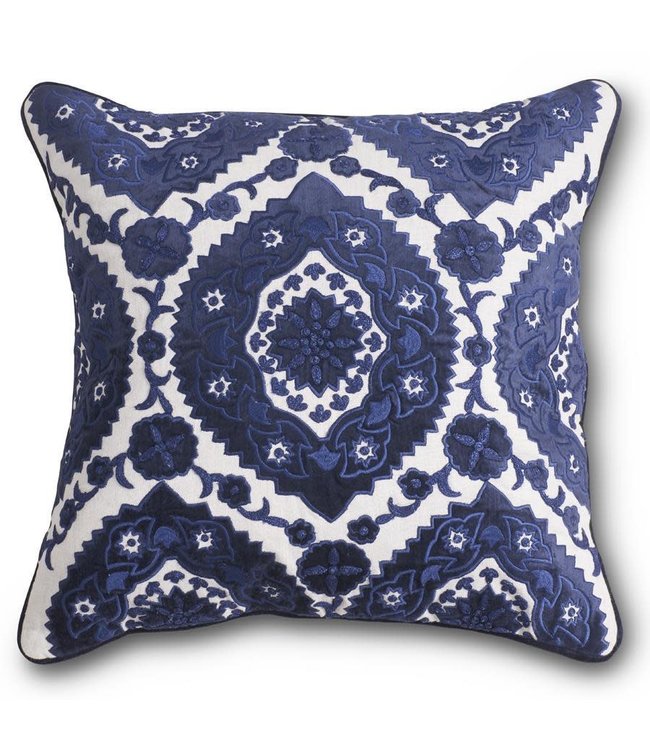 20" Royal Blue Velvet & Linen Embroidered Pillow (B)
