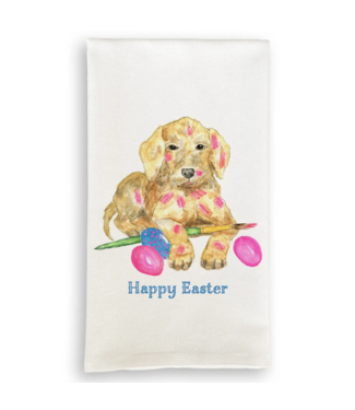 French Graffiti Dog Painting Eggs with Quote Dish Towel