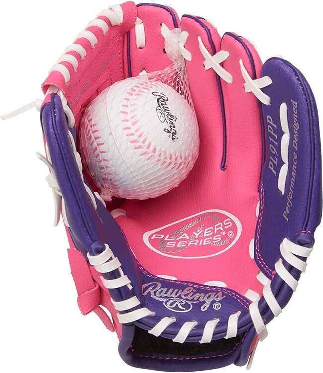 Rawlings "PLAYERS" SERIES BASEBALL GLOVE W/BALL YOUTH PINK/PURPLE 9" RHT