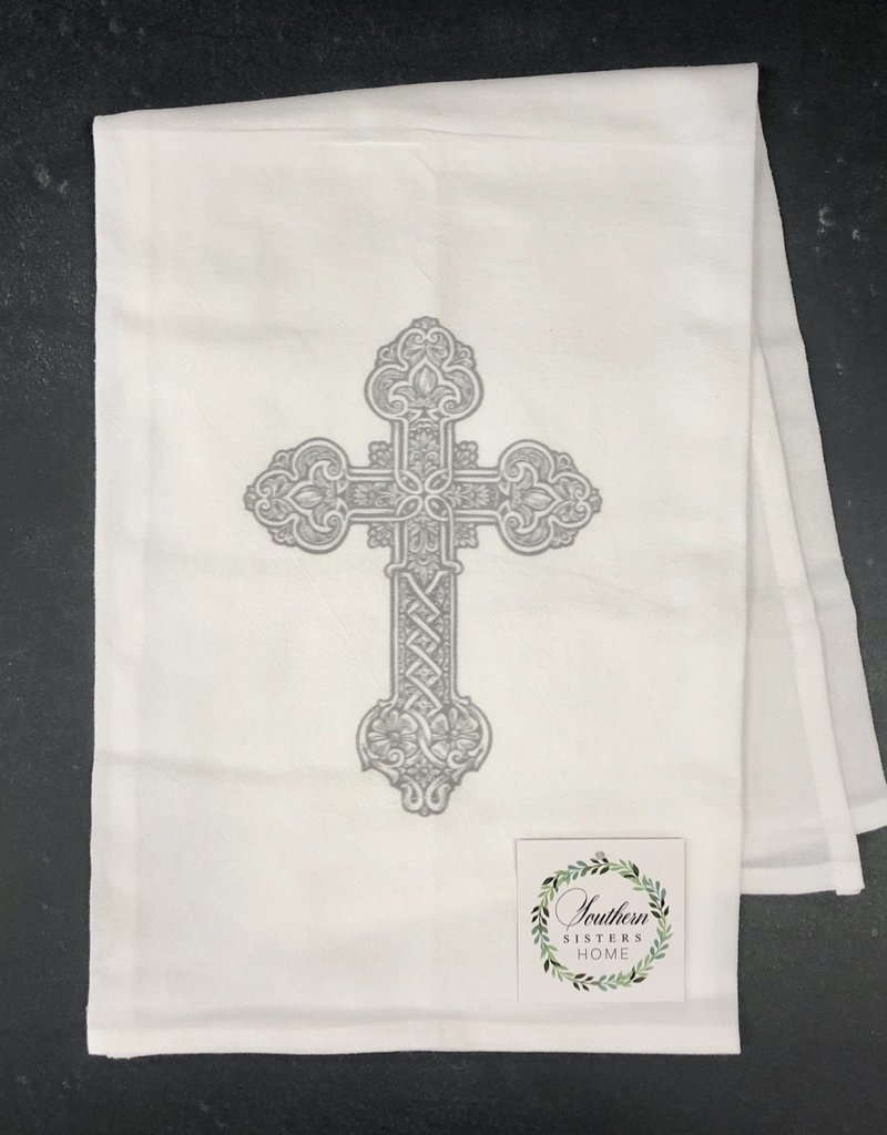 Southern Sisters Enterprises Gray Ornate Cross Flour Sack Towel