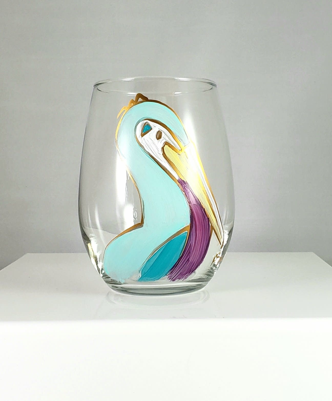 318 Art & Garden Blue Pelican Stemless Wine Glass 318 Art & Garden Blue Pelican Stemless Wine Glass