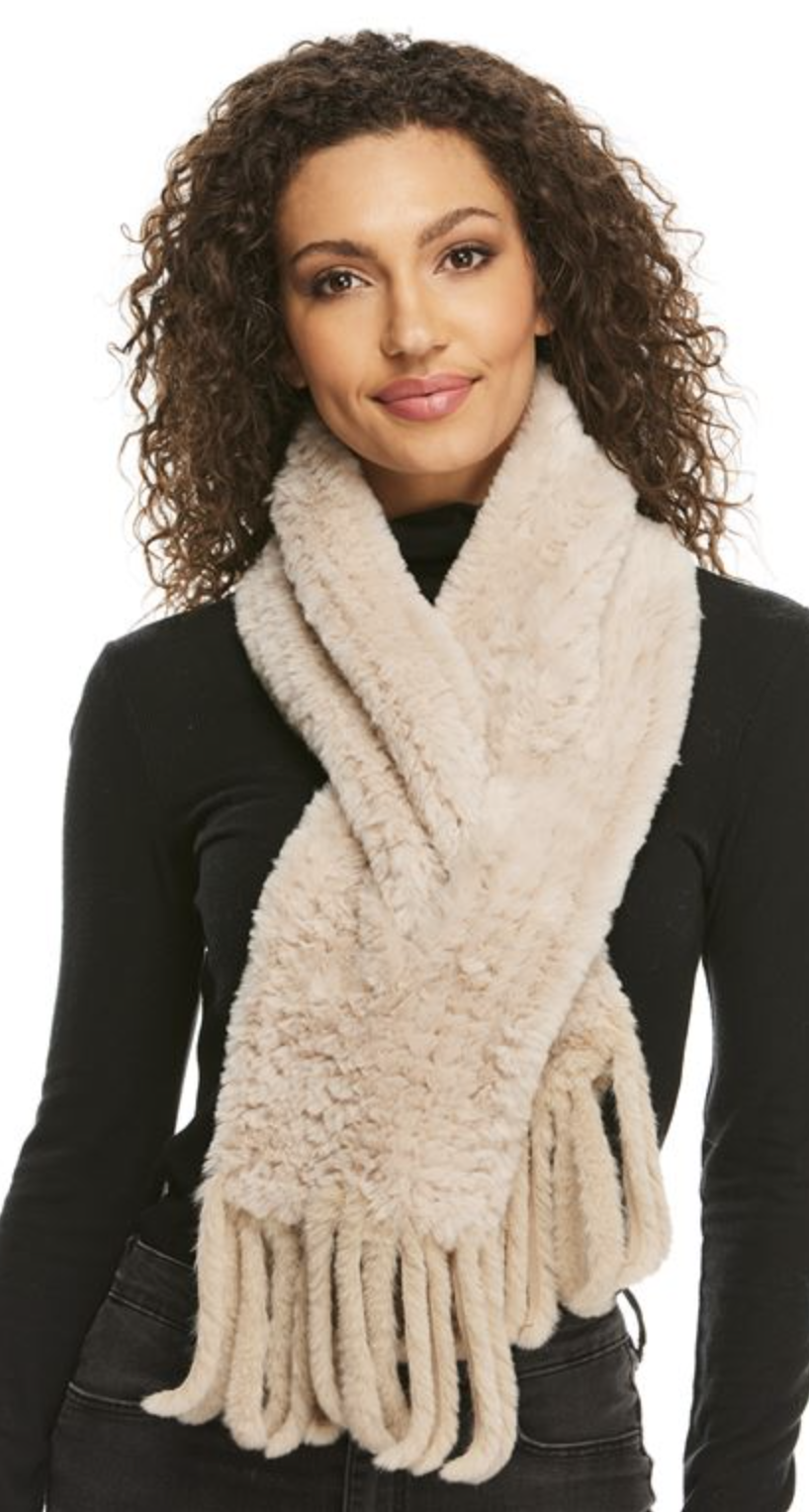 Knitted Fur Fringe Scarf-Sand
