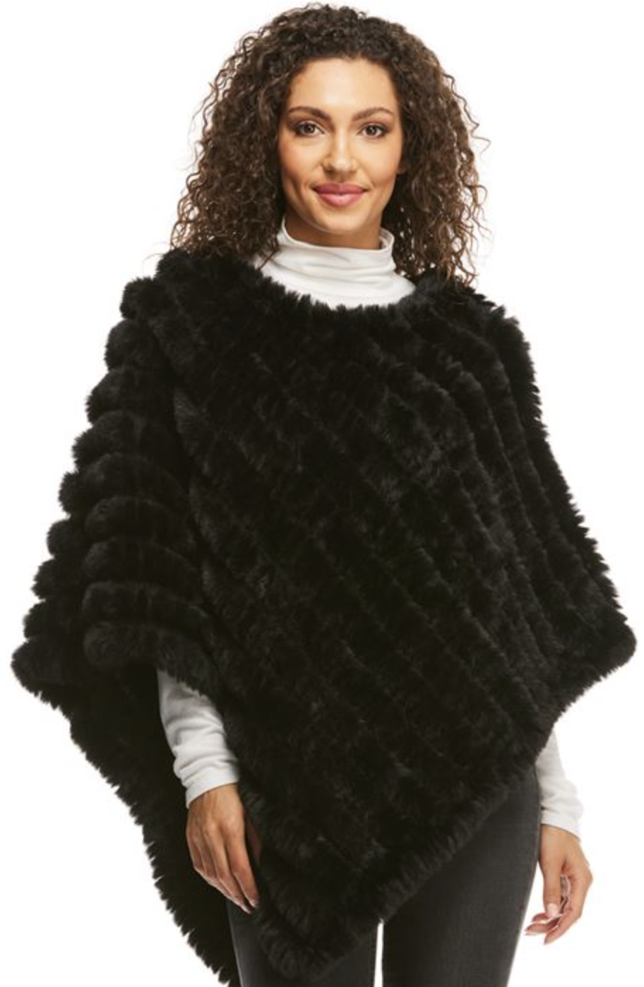 Knitted Fur Poncho-Black