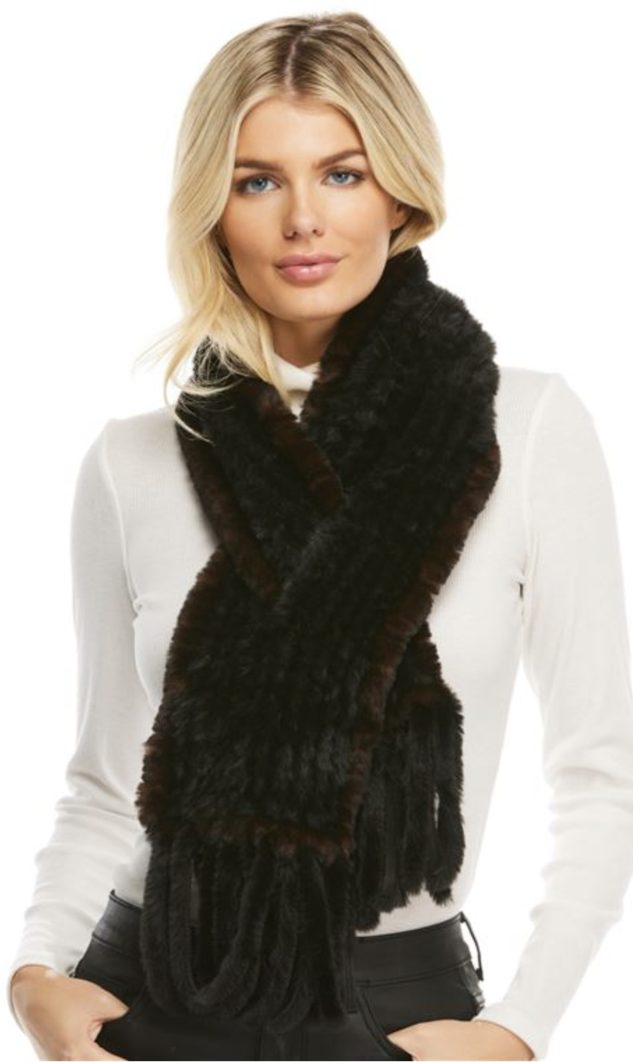Knitted Fur Fringe Scarf-Black/Whiskey
