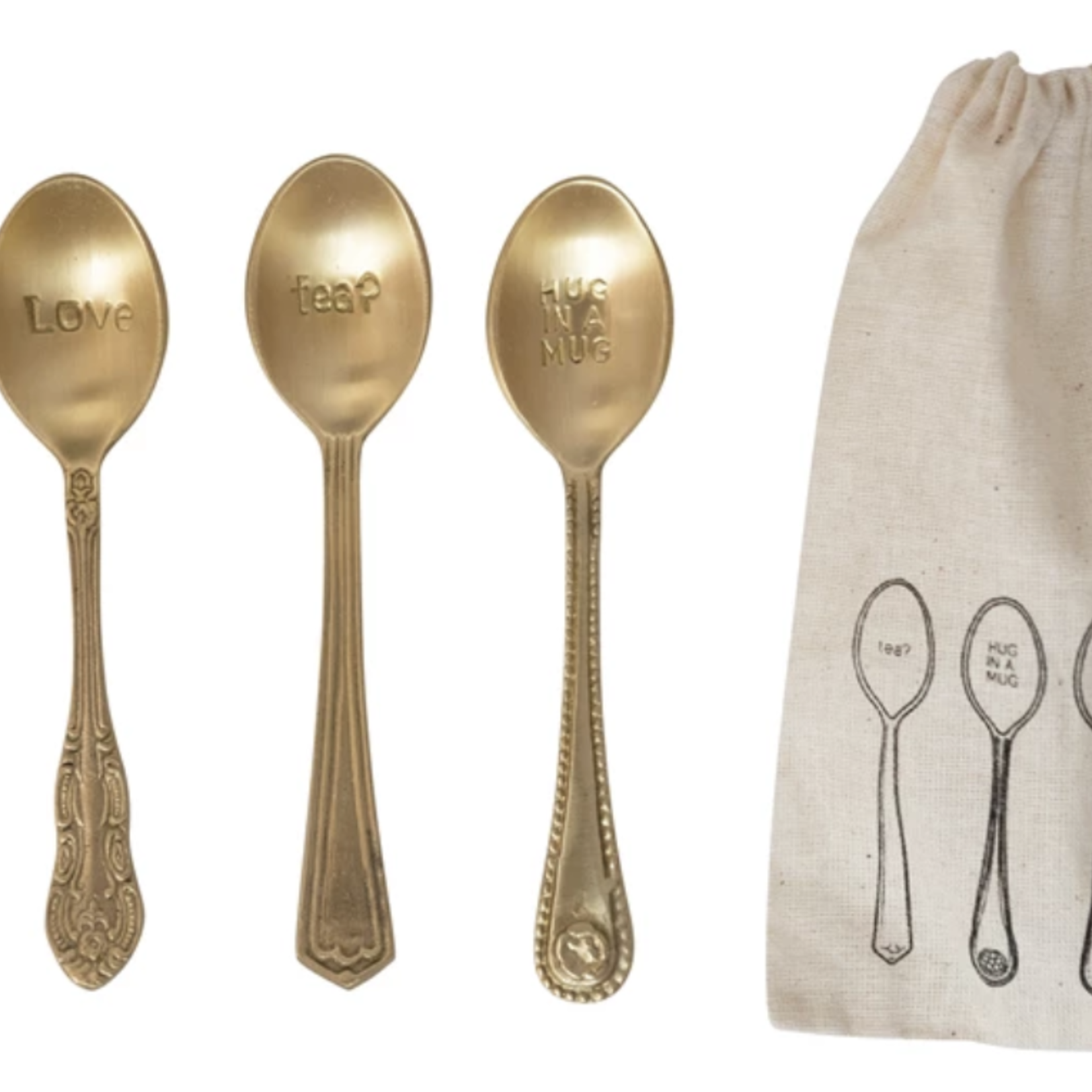 Creative Co-Op Brass Spoons w/ Engraved Saying set of 4
