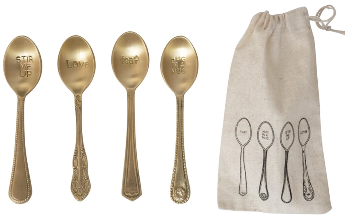 Creative Co-Op Brass Spoons w/ Engraved Saying set of 4