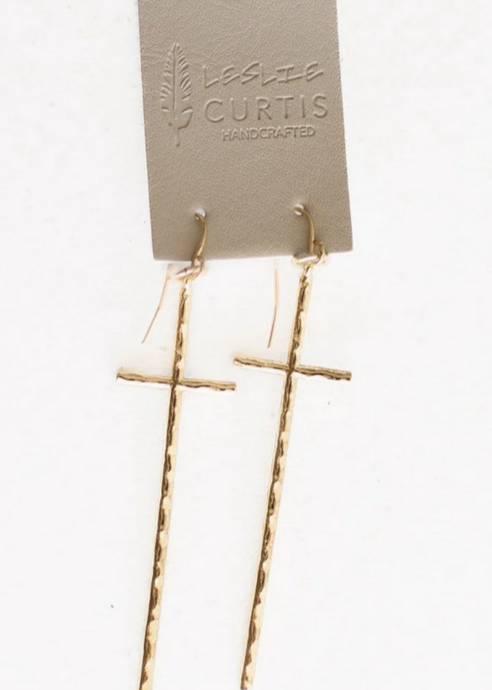 Leslie Curtis Jewelry Ada - Hammered Gold Thin Cross Earrings
