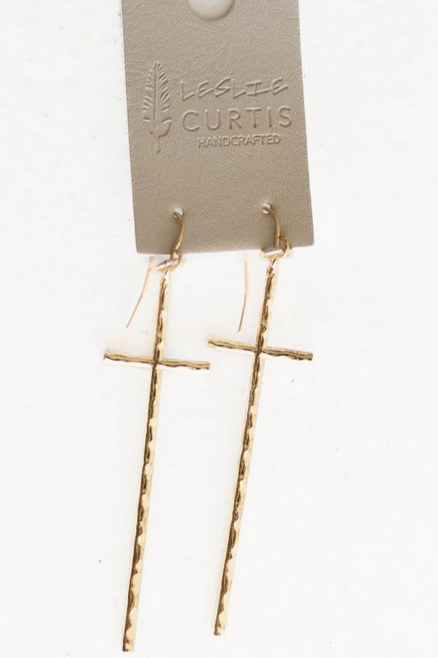 Leslie Curtis Jewelry Ada - Hammered Gold Thin Cross Earrings Leslie Curtis Jewelry Ada - Hammered Gold Thin Cross Earrings