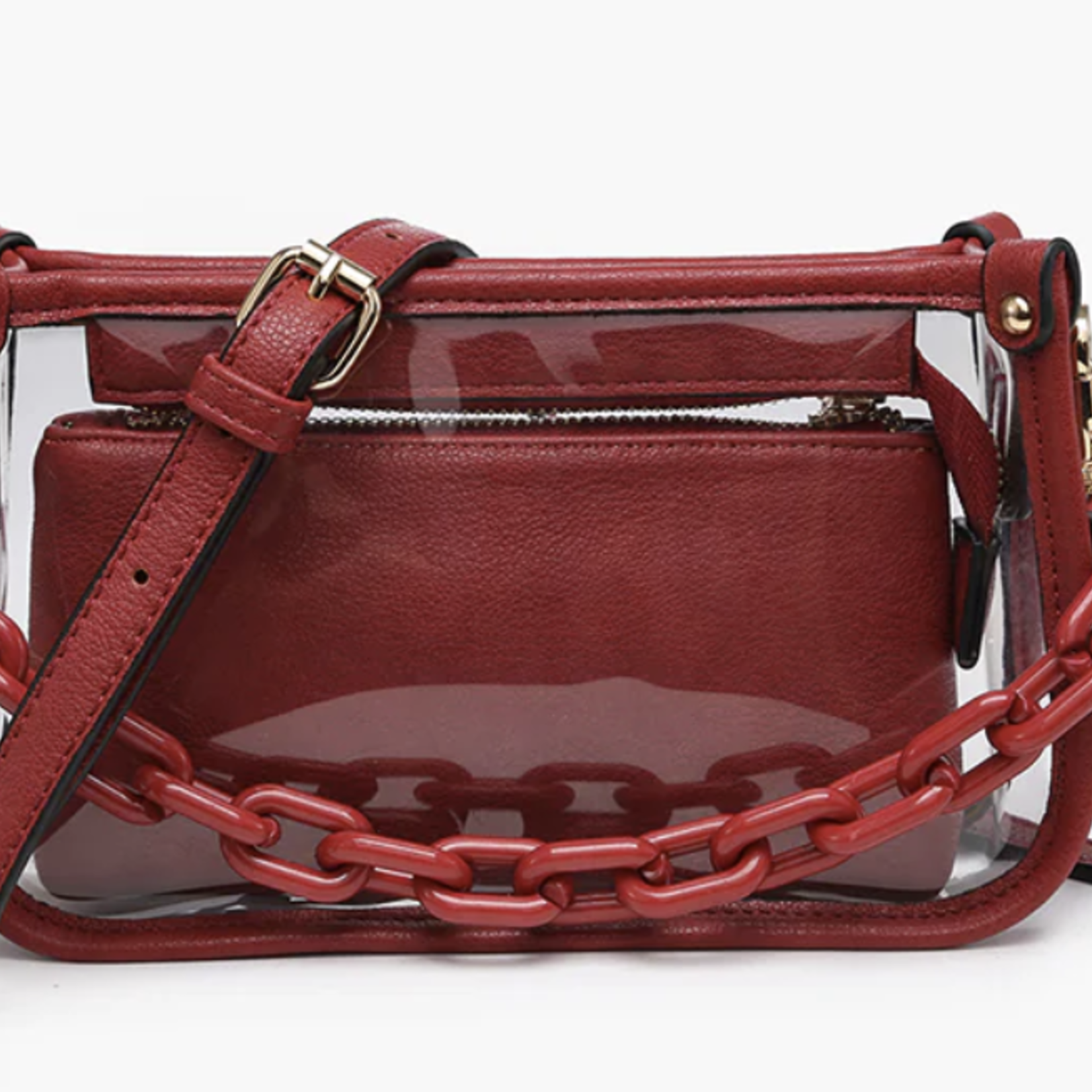 Jen and Co Jessica Clear Crossbody w/ Chain - Crimson