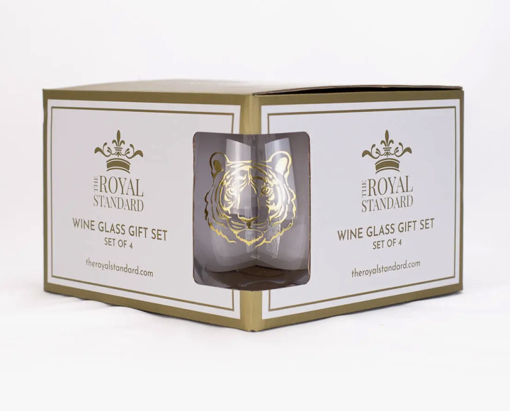 The Royal Standard Go Get Em Tiger Wine Glass Gift Set Clear/Gold 16oz. The Royal Standard Go Get Em Tiger Wine Glass Gift Set Clear/Gold 16oz.