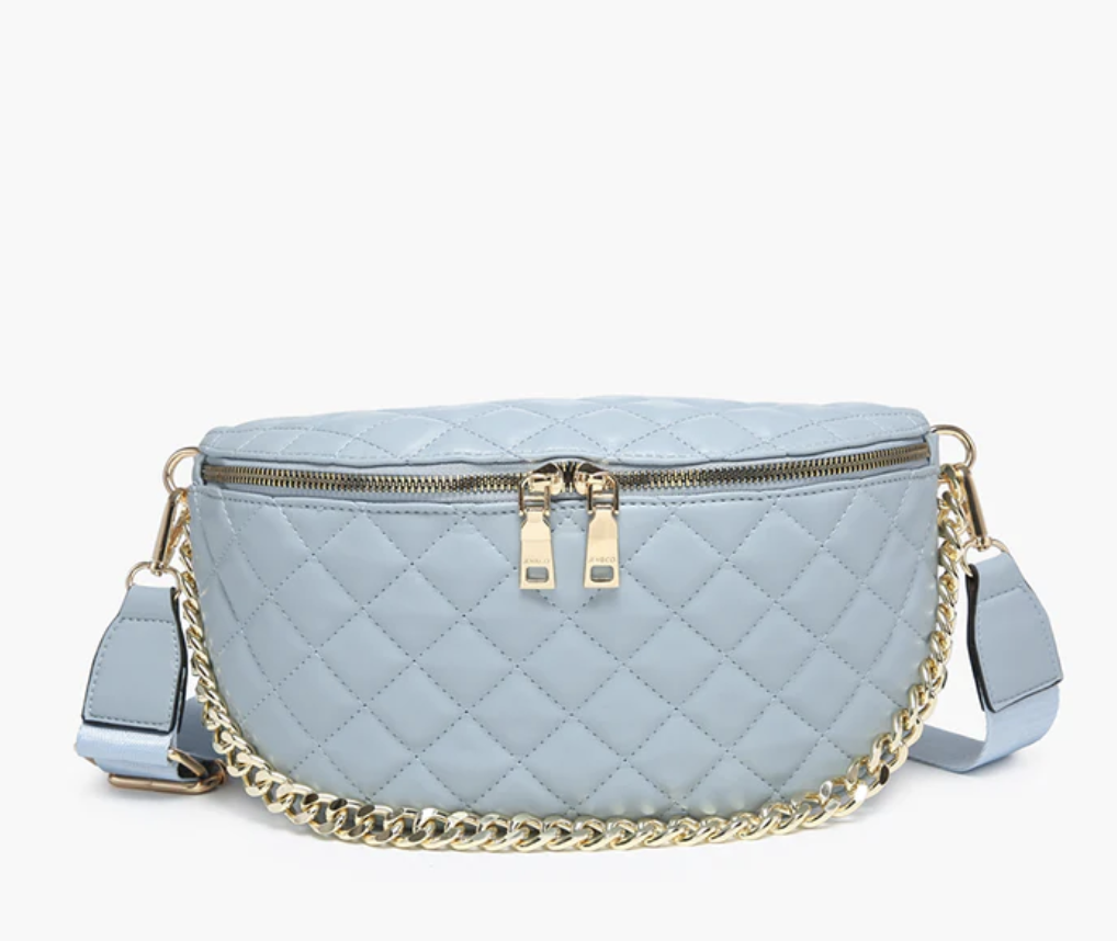 Jen and Co Sylvie Quilted Belt Bag w/ Chain Strap in Blue/Grey Jen and Co Sylvie Quilted Belt Bag w/ Chain Strap in Blue/Grey