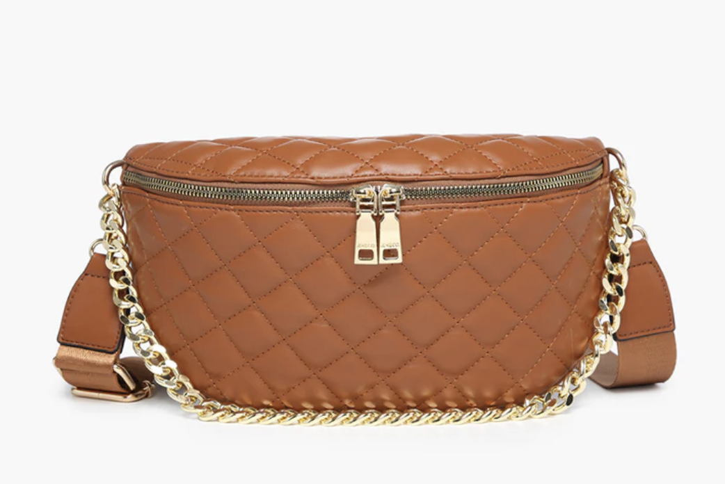 Jen and Co Sylvie Quilted Belt Bag W/ Chain Strap in Brown