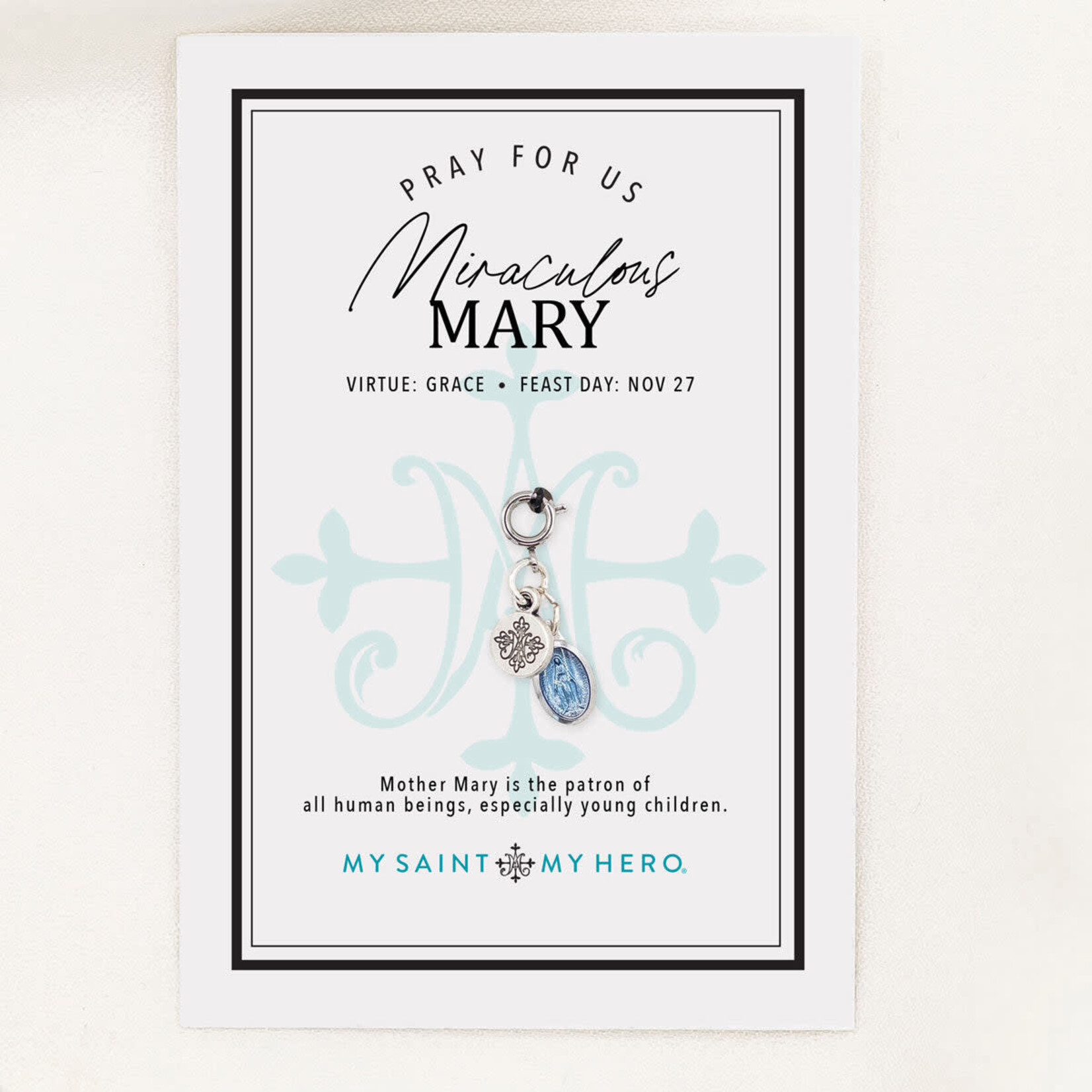 My Saint My Hero Charm Miraculous Medal w/ Blue Enamel 10x7mm Silver