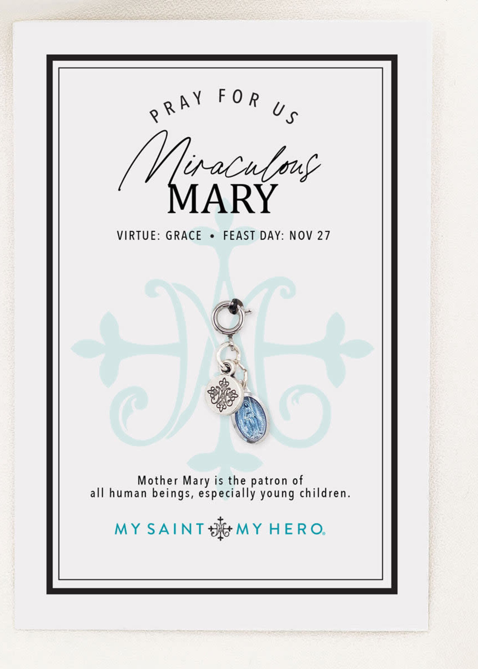 My Saint My Hero Charm Miraculous Medal w/ Blue Enamel 10x7mm Silver