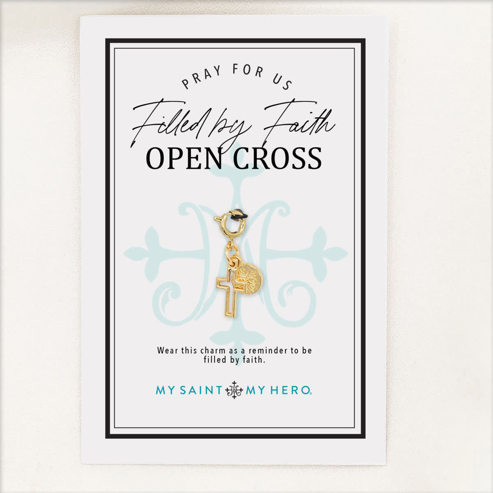 My Saint My Hero Filled by Faith Open Cross Charm- Medium, Gold