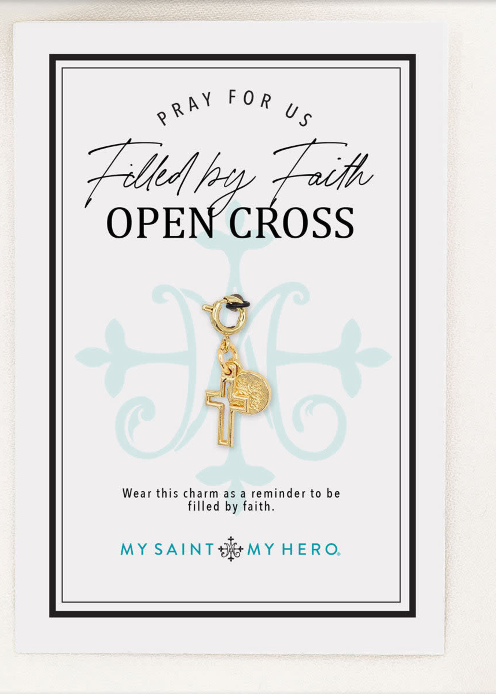 My Saint My Hero Filled by Faith Open Cross Charm- Medium, Gold