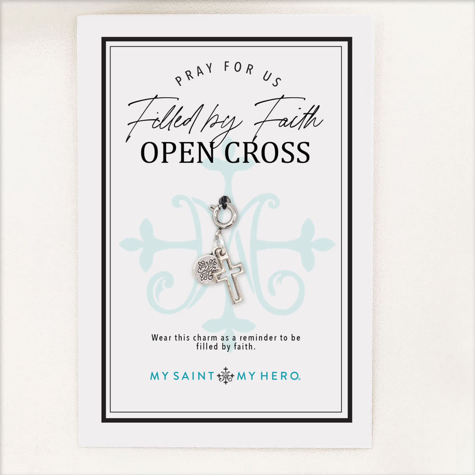My Saint My Hero Charm Filled By Faith Open Cross - Silver