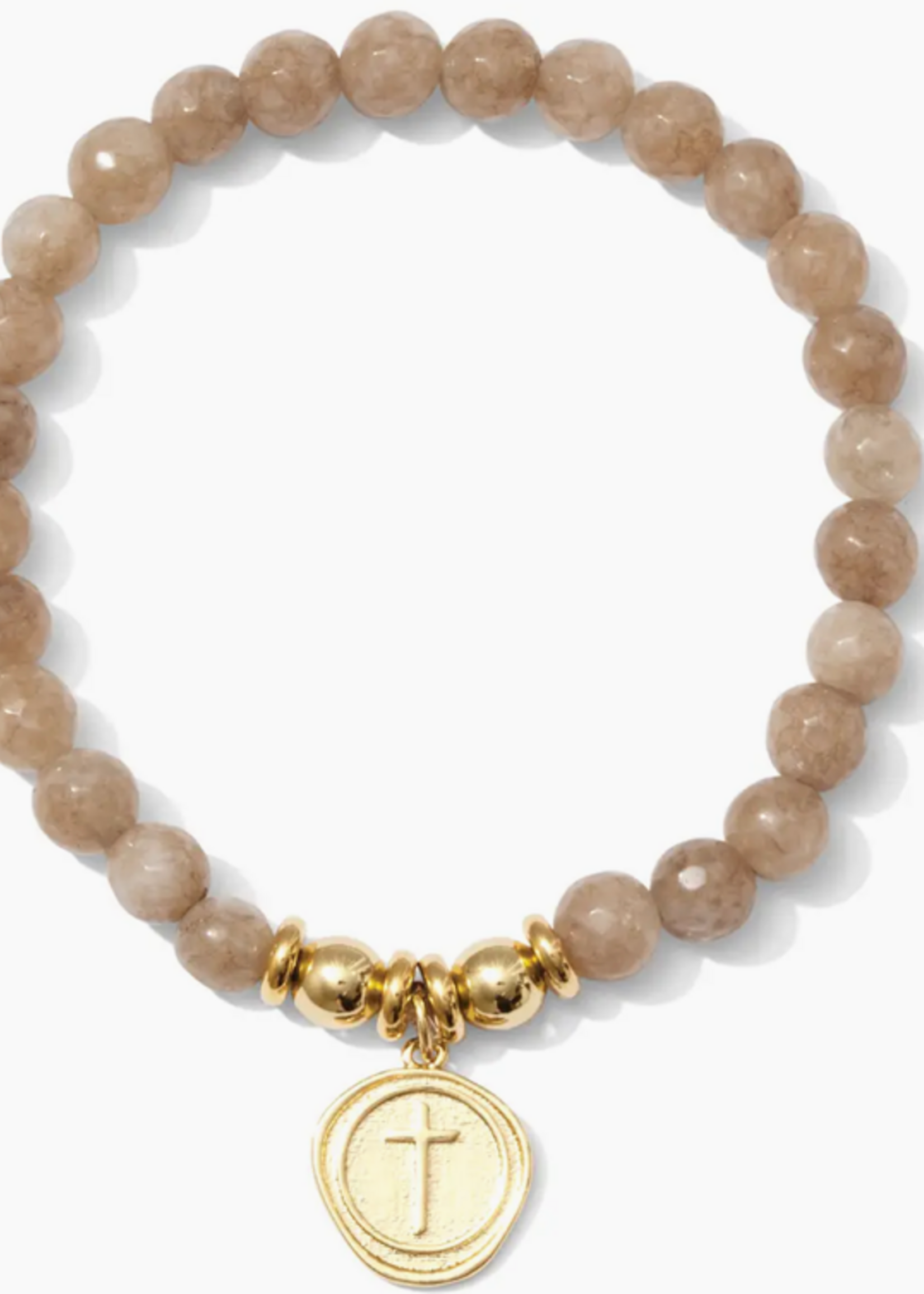 Splendid Iris Stretch Stone Bracelet w/ Cross - Cafe