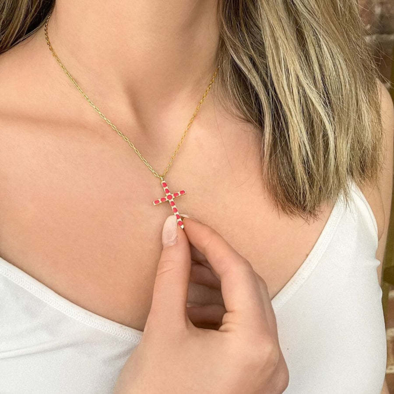Fortune & Frame C1 Cross Pendant (Pink)- Gold