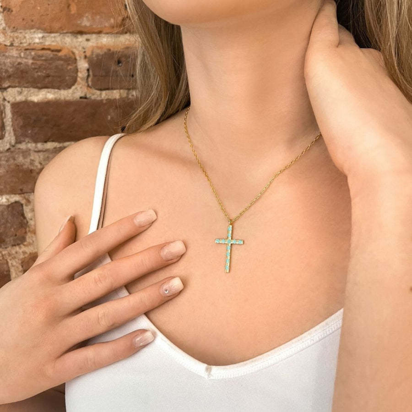 Fortune & Frame C1 Cross Pendant Necklace (Aquamarine)- Gold