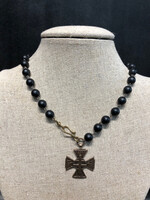 Black Beaded Necklace with Vintage Medal 20"