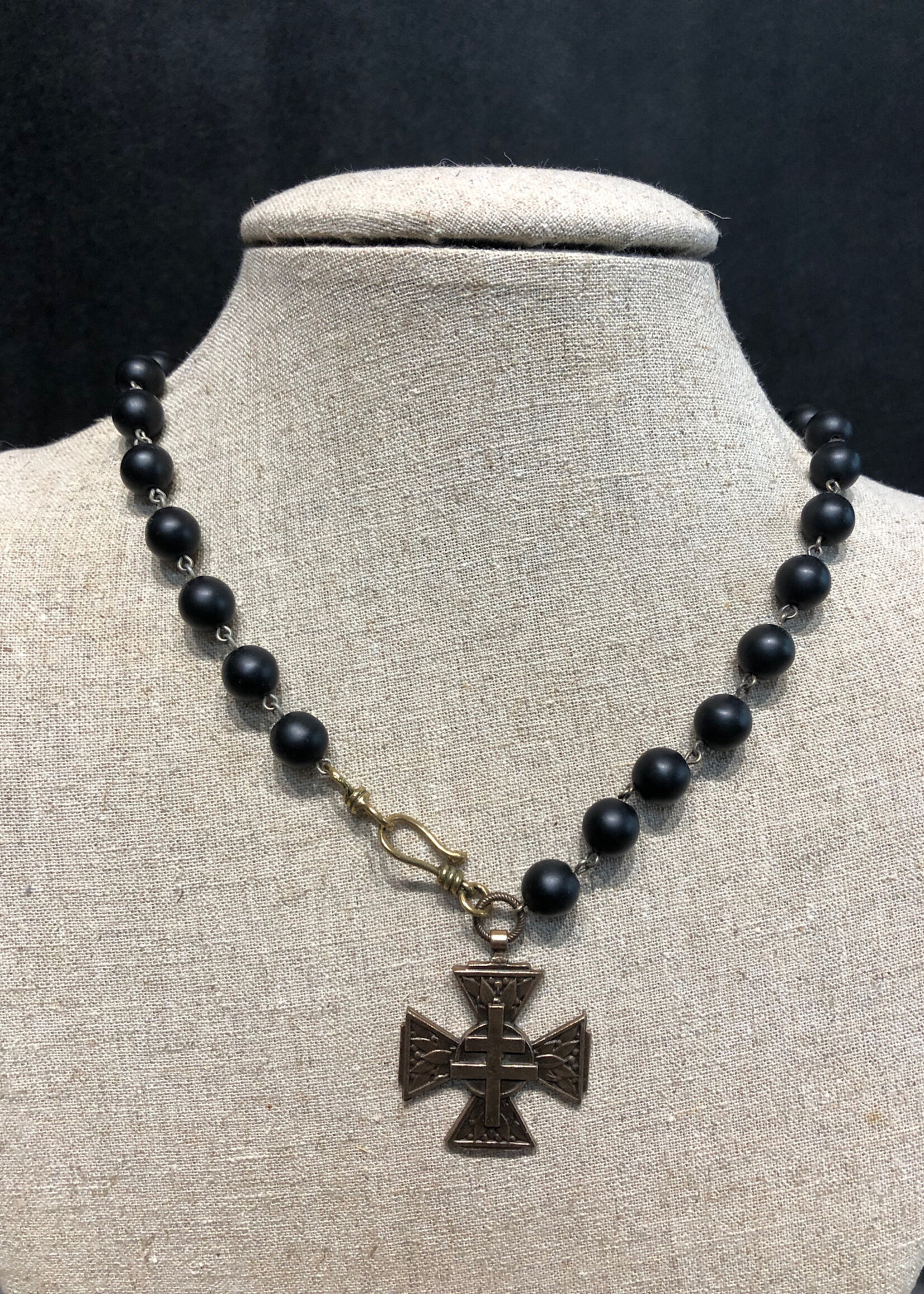 Black Beaded Necklace with Vintage Medal 20"