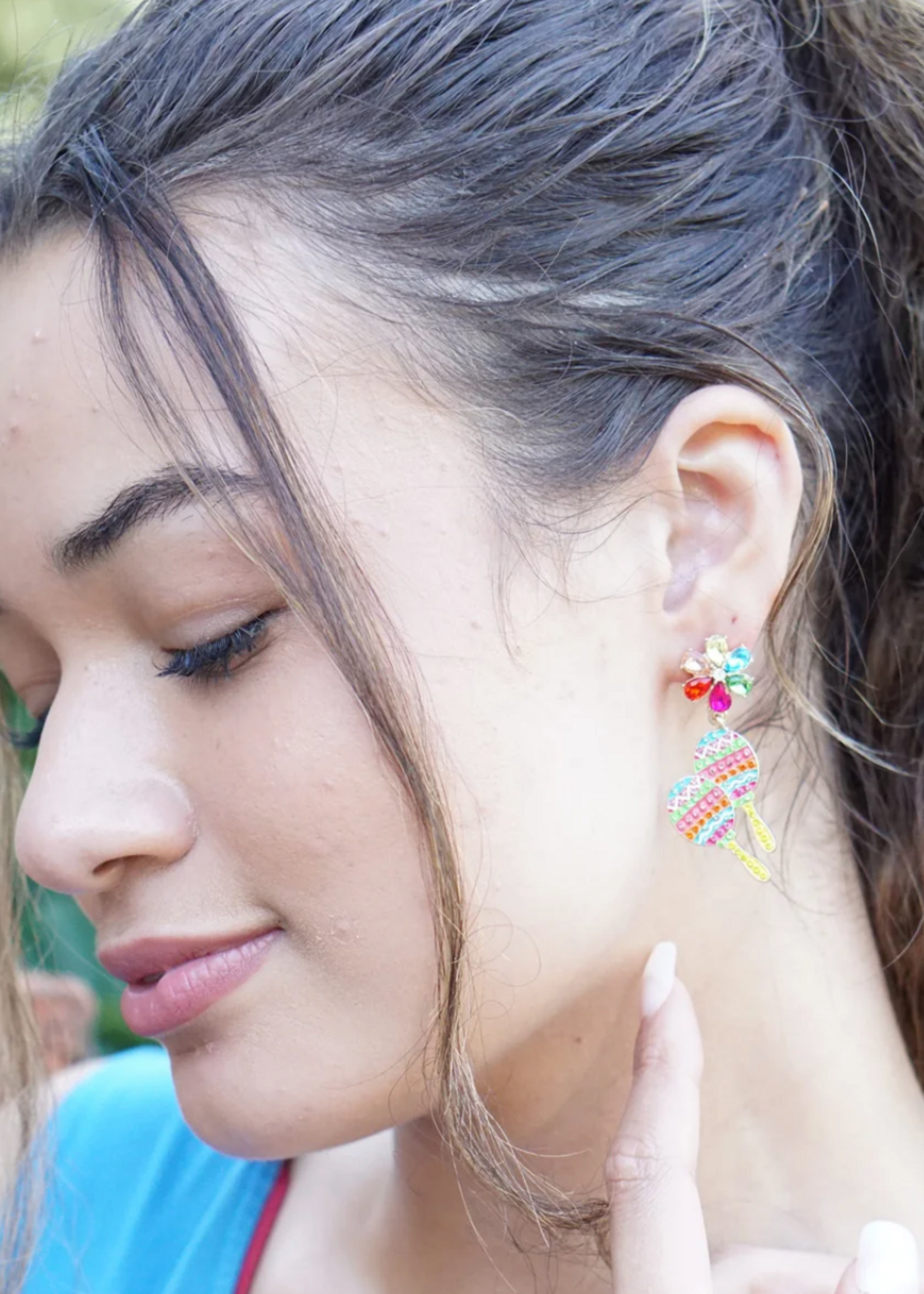 Canvas Fiesta Rhinestone Flower Maracas Earrings