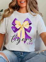 Gia Gifts Boutique Preppy LSU Tigers Coquette Bow Graphic Tee