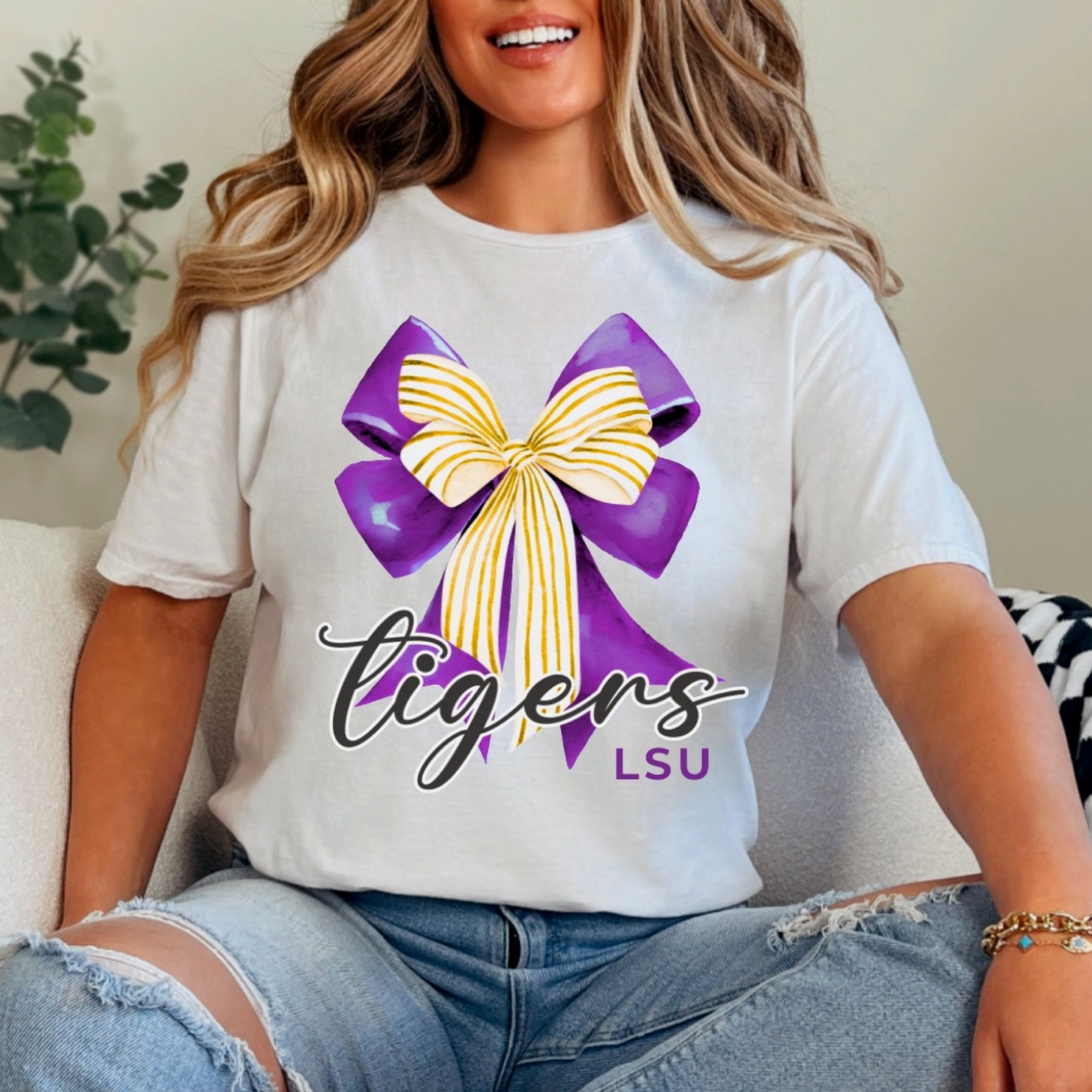 Gia Gifts Boutique Preppy LSU Tigers Coquette Bow Graphic Tee