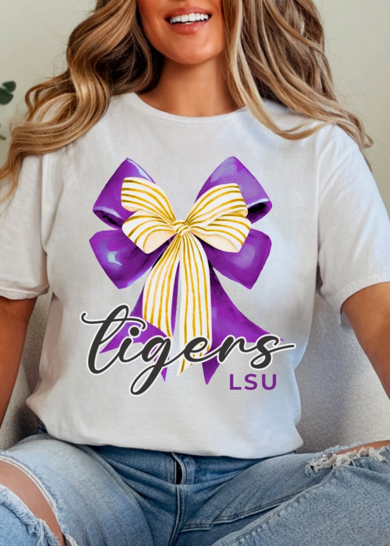 Gia Gifts Boutique Preppy LSU Tigers Coquette Bow Graphic Tee